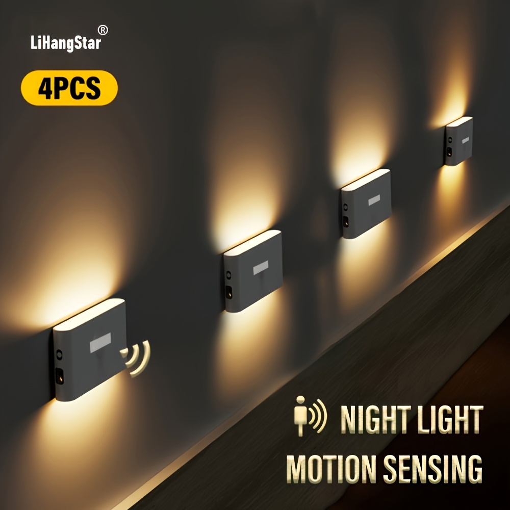 photo de l'article Lot de 4 veilleuses intelligentes à détection de mouvement, rechargeables par USB, lampes de couloir magnétiques LED pour   avec capteur de mouvement, adaptées pour chambres, couloirs,  , cuisines et rideaux
