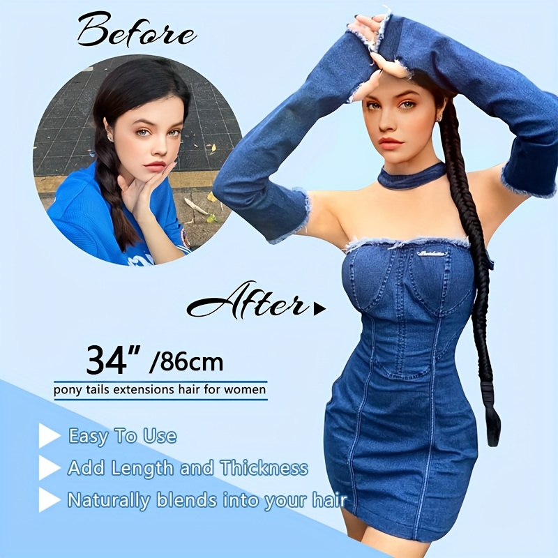 a 34 inch long braided ponytail hair extension with elastic band for a straight and smooth wrapped ponytail diy hairstyle details 3