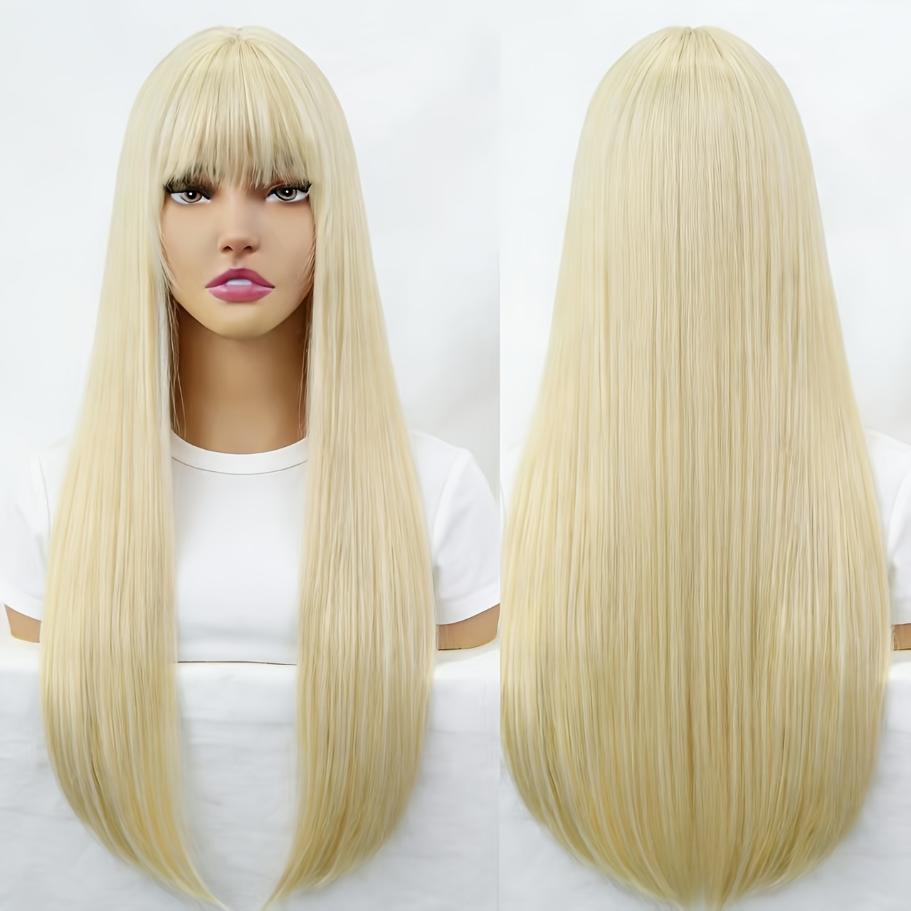 TEMU Platinum Blonde Long Straight Wig With Bangs For Women, High-temperature Fiber Synthetic Wig, And Smooth, Perfect For Daily Wear, Parties And