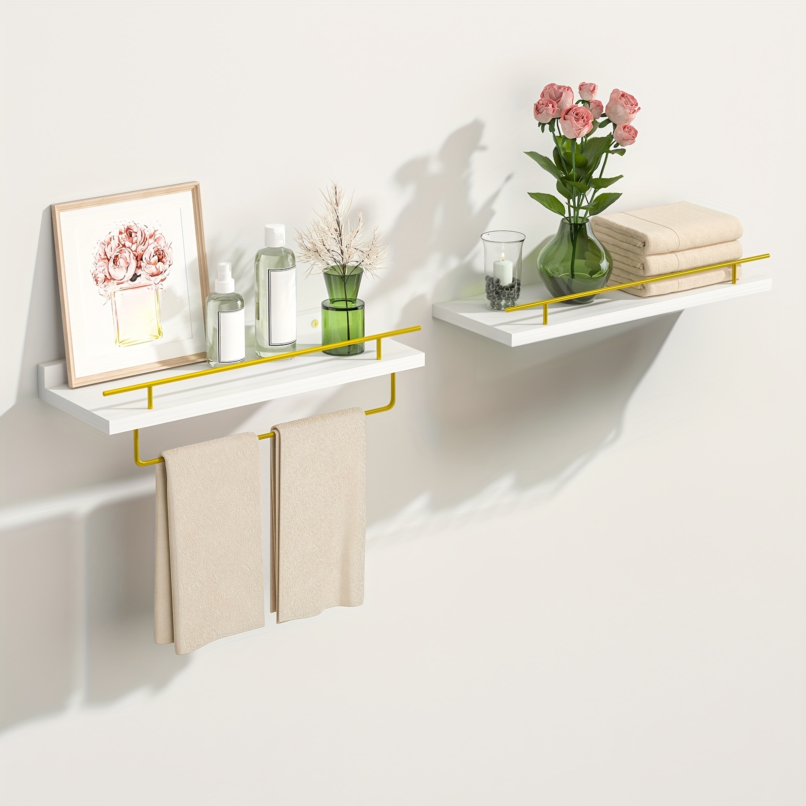 

3-shelves Floating Shelves, Bathroom Wall Decor With Storage Basket, Offer A Secure Storage Space For Bathroom Accessories, Shelves With Towel Rack For Bedroom (white & Gold)