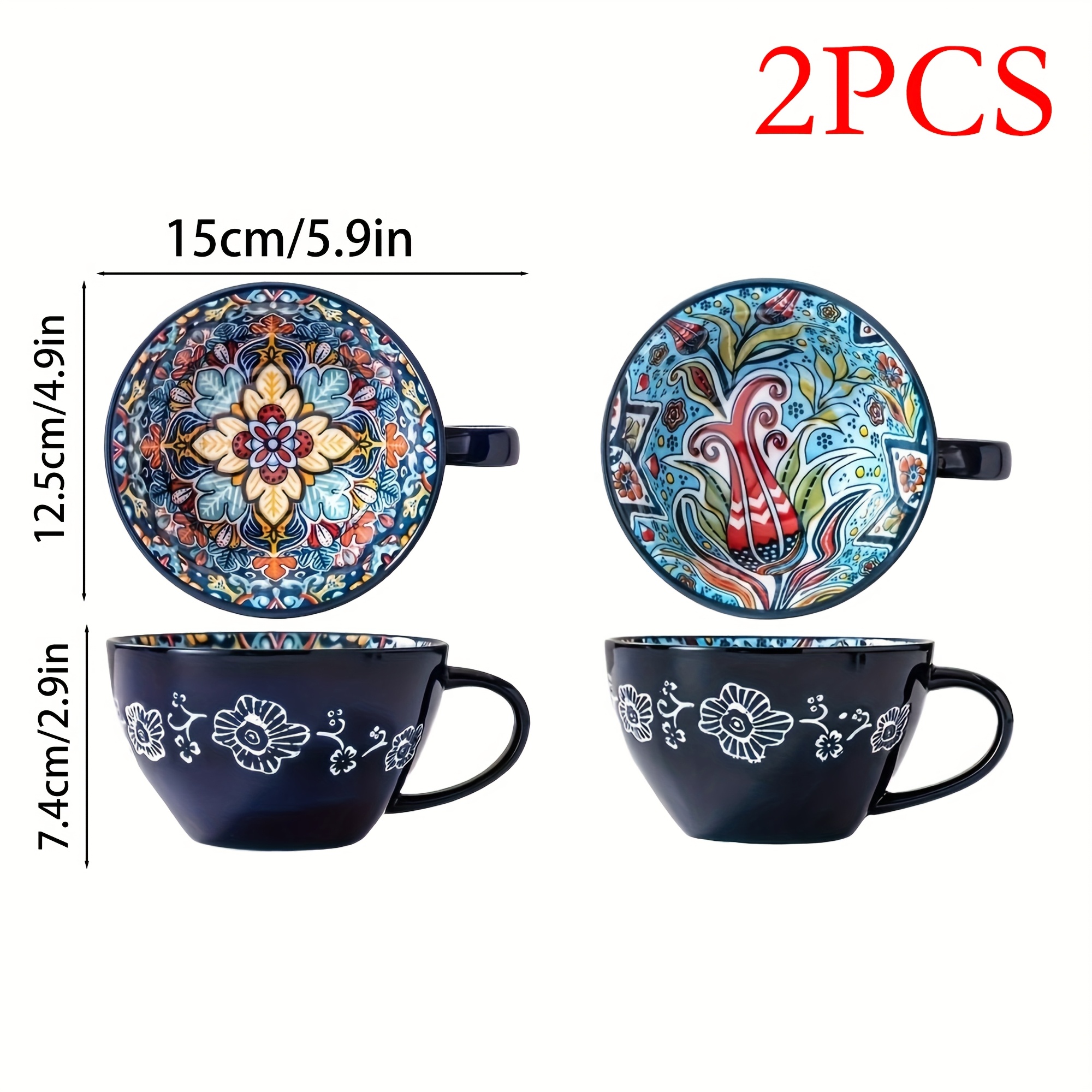 2pcs, Bohemian Style Ceramic Milk Cups, Coffee Mugs, Aesthetically Large Capacity Mugs For Home Use, Breakfast Oatmeal Milk Cups, Microwave Safe For Heating