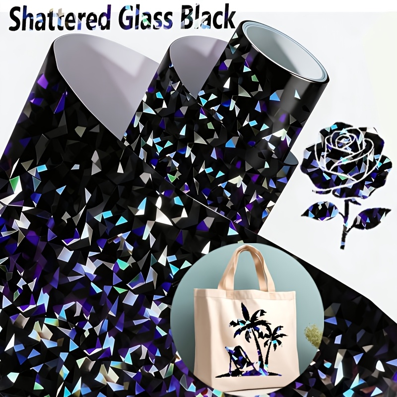 Image of Black Holographic Glass Heat Transfer Vinyl, 10'' X 19.6'' Holographic Heat Vinyl Transfer Paper For Fabric And Garment With Cameo, Transfer For T-shirts, Shoes, Handbag, And All Patterns