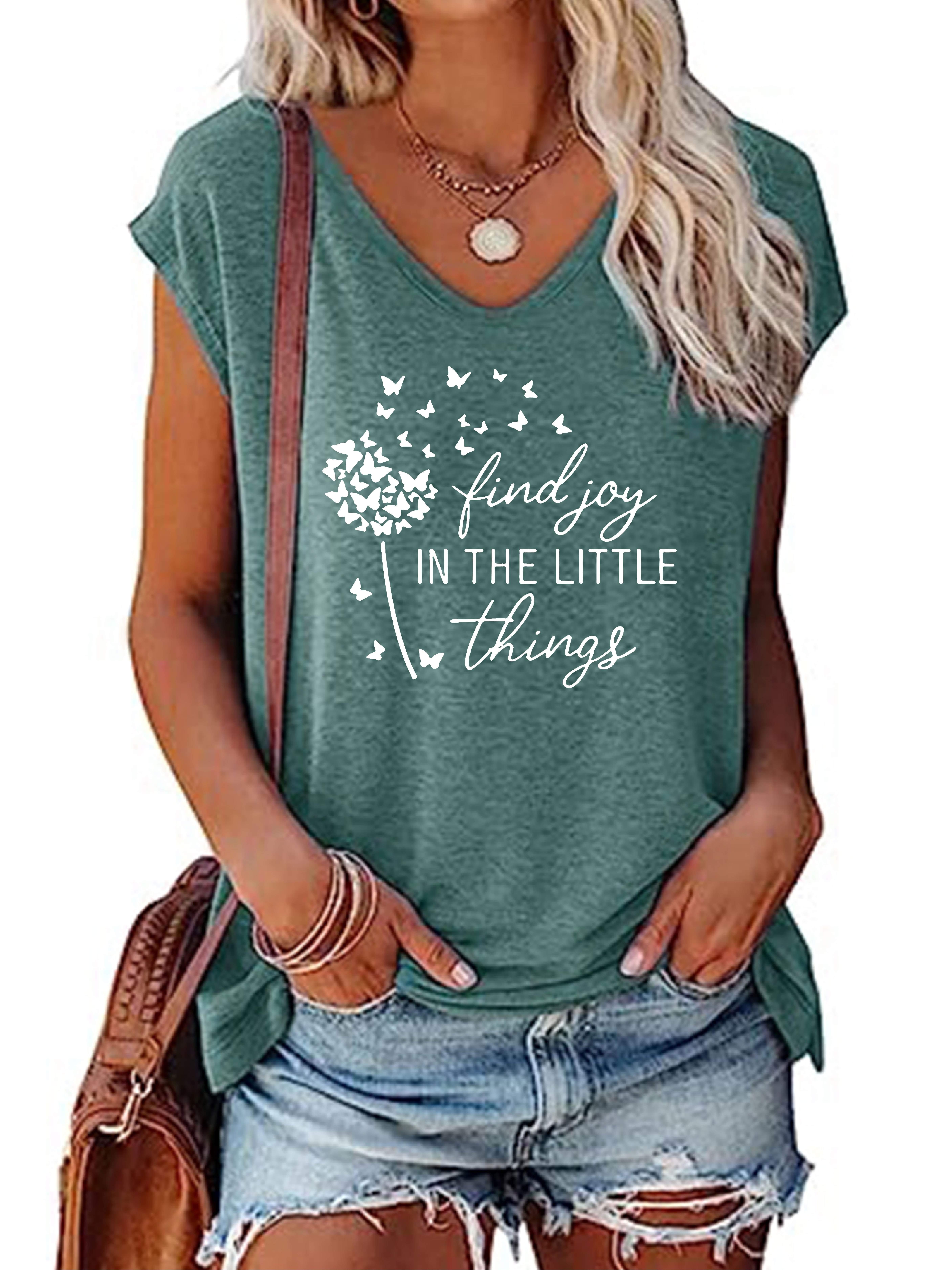 Letter & Dandelion Print V-neck Tank Top, Casual Sleeveless Tank Top For Summer, Women's Clothing