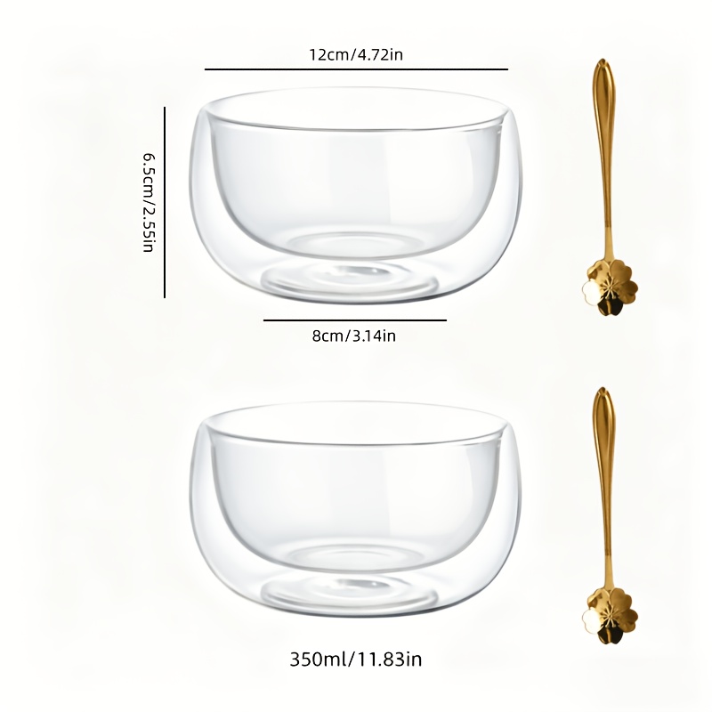 TEMU Ensemble de 4 bols à dessert en verre isolé à double paroi - 2 bols en verre + 2 cuillères à . Cuillères à pour , salade, bols à petit-déjeuner.