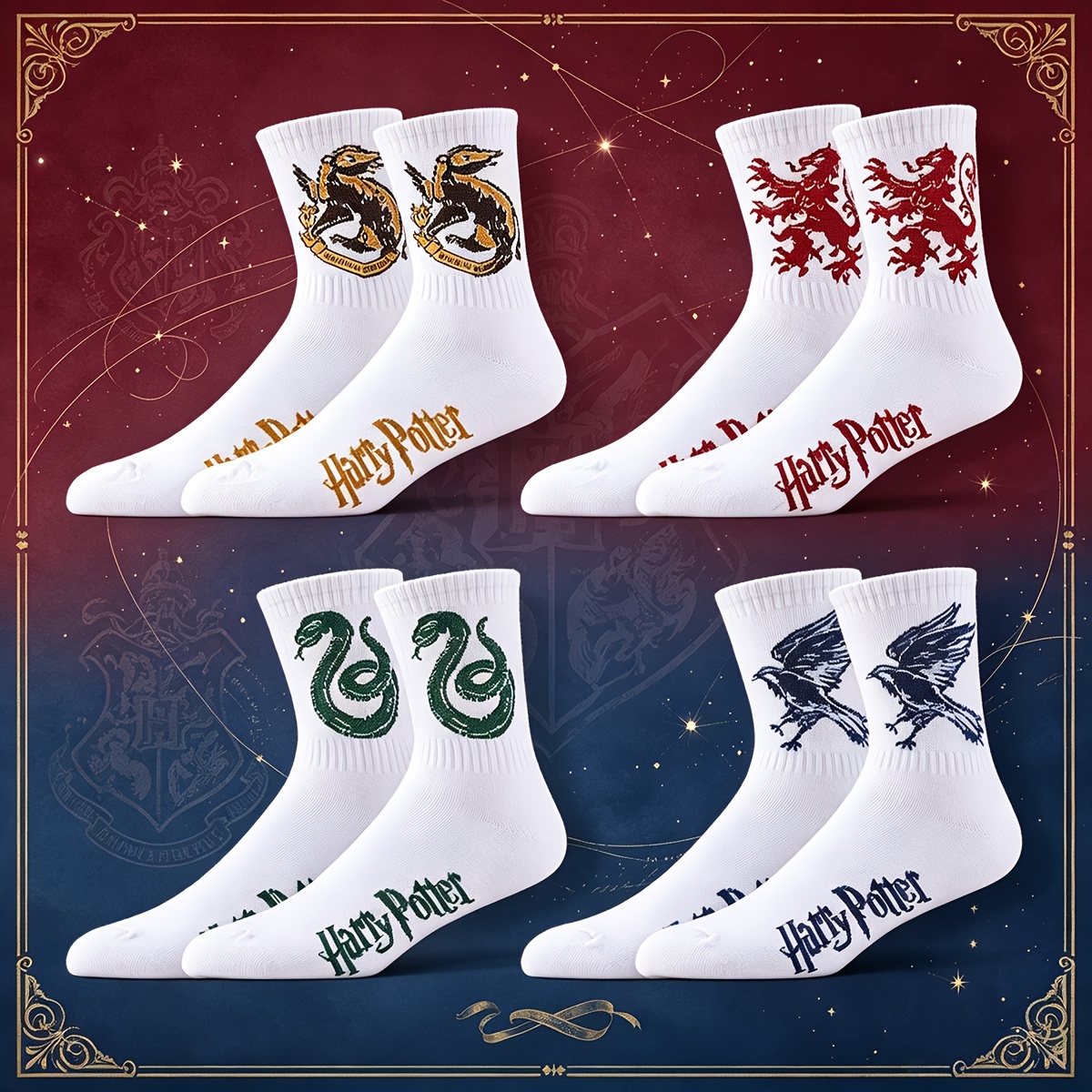 TEMU 4 Pairs Unisex White Mid-calf Socks, Featuring Harry Potter Hogwarts House Patterns, Ribbed Non-slip Knit Construction, Soft And High-elastic,