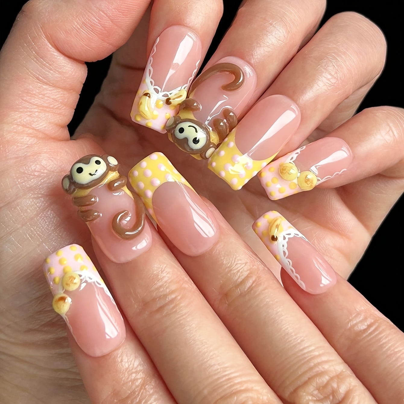 TEMU 10pcs Handmade Square Nail Stickers, Pink & Yellow French Manicure Tips, Pink Nails, Hand-painted Polka Dots, 3d Monkey, Banana Carving, Cute