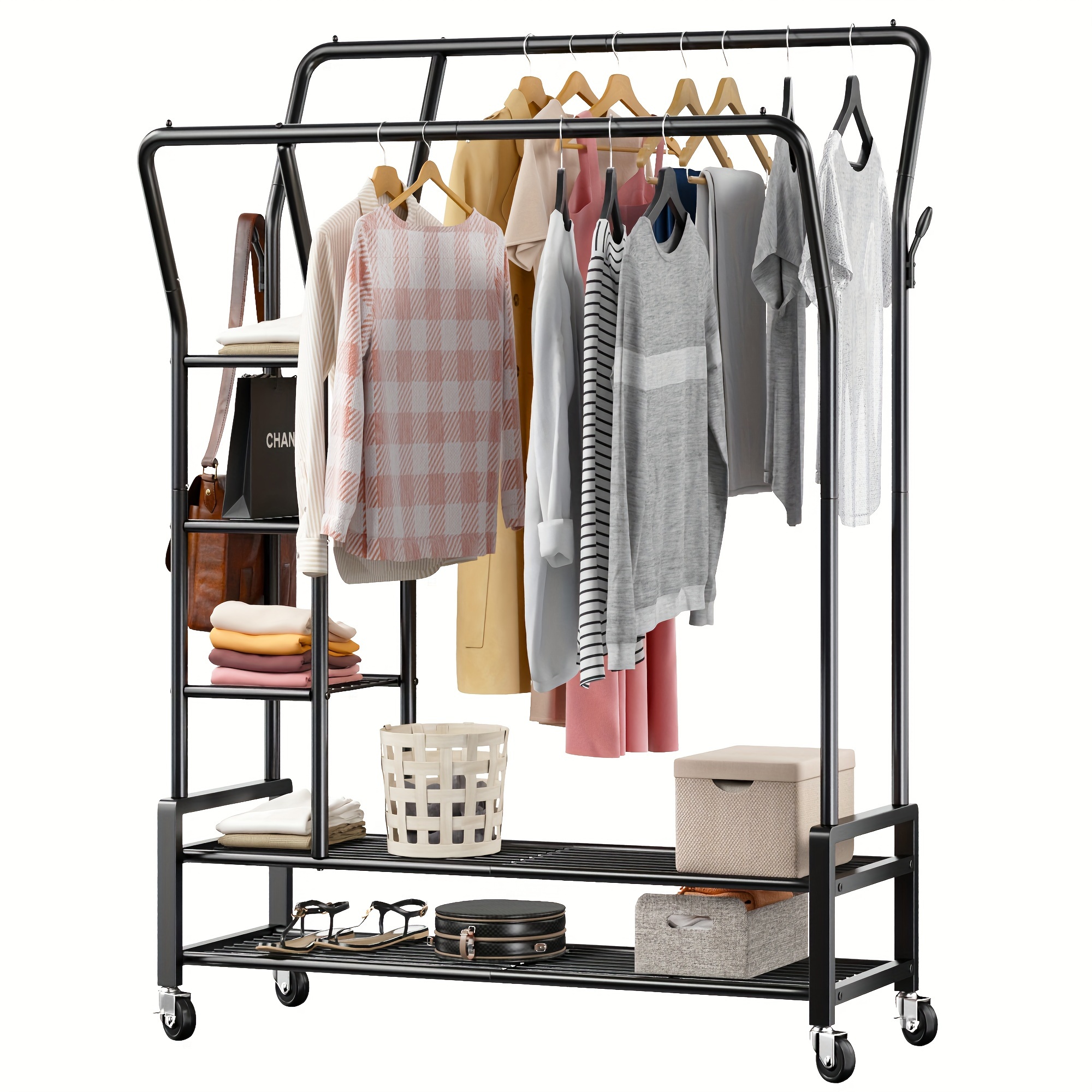 

Clothes Rack, Clothing Rack Double Rod Garment Rack Clothing Racks For Hanging Clothes 255lbs Heavy Duty Clothes Rack With Wheels Metal Rolling Closet Rack