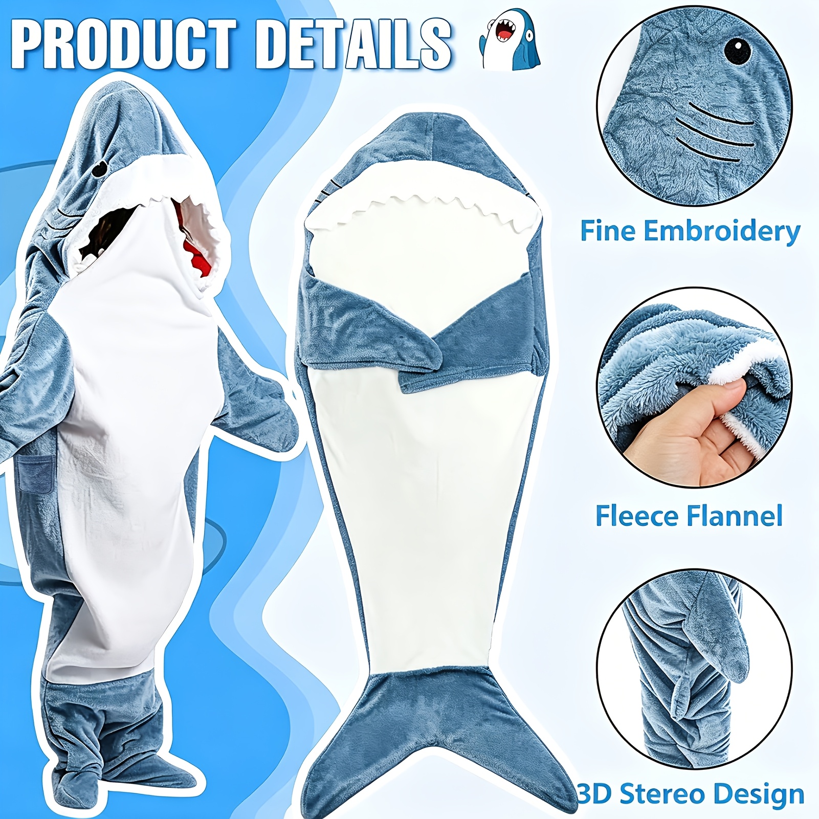 TEMU Shark Blanket Onesie - Wearable Costume And Blanket - Soft Shark Sleeping Bag With Hood, Machine Washable - For Halloween, Shark Week - Party