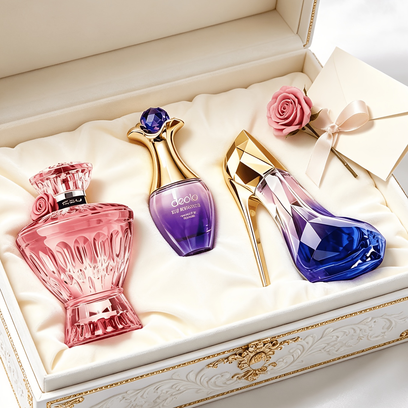 Image of 3pcs Luxury Ladies Dual- And Body Perfume Set, Long-lasting Citrus White Floral Eau De Toilette, Pink Gem/ Purple/gradient High Heel Bottles, Ideal For And Travel