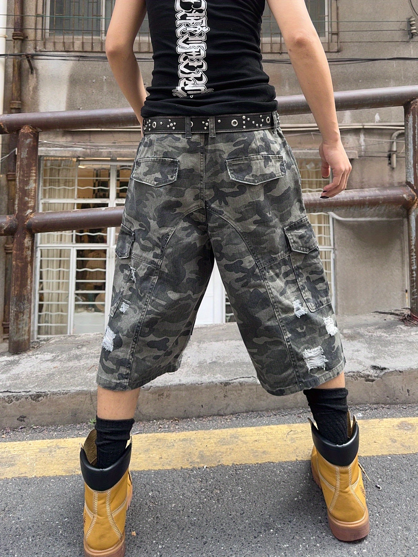 mens distressed camo blue jeans shorts relaxed fit frayed Temu