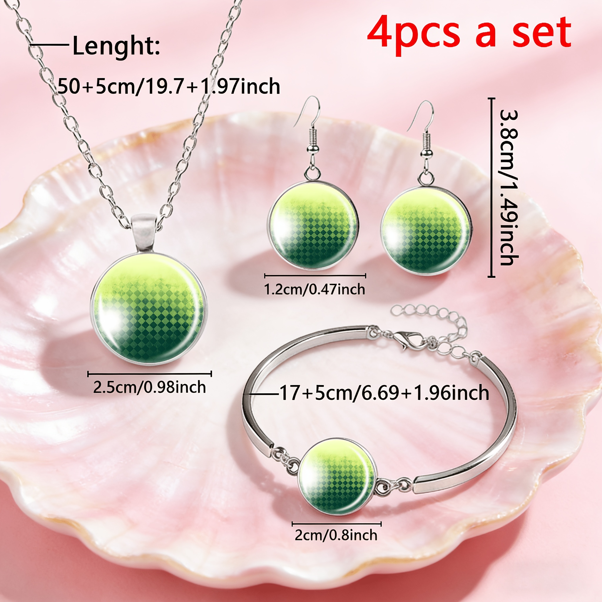 4pc Green Gradient Jewelry Set with Necklace, Bracelet, Earrings