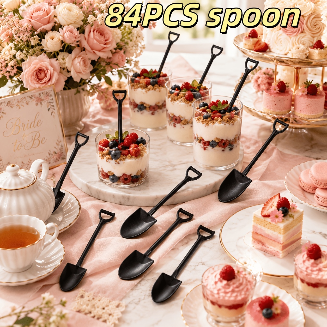 TEMU 84 pcs Pelle noire , cuillère à dessert, décoration de table à dessert pour fête de mariage, décoration de table à thème d'Halloween, dîner de