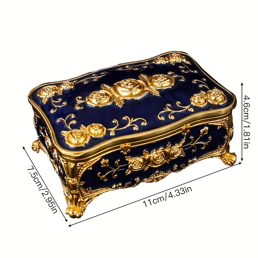TEMU 1pc Vintage European Jewelry Box - Elegant Golden- Metal Construction With Lid, Ornate Floral Patterns & - & Golden Enamel Finish - Organizer