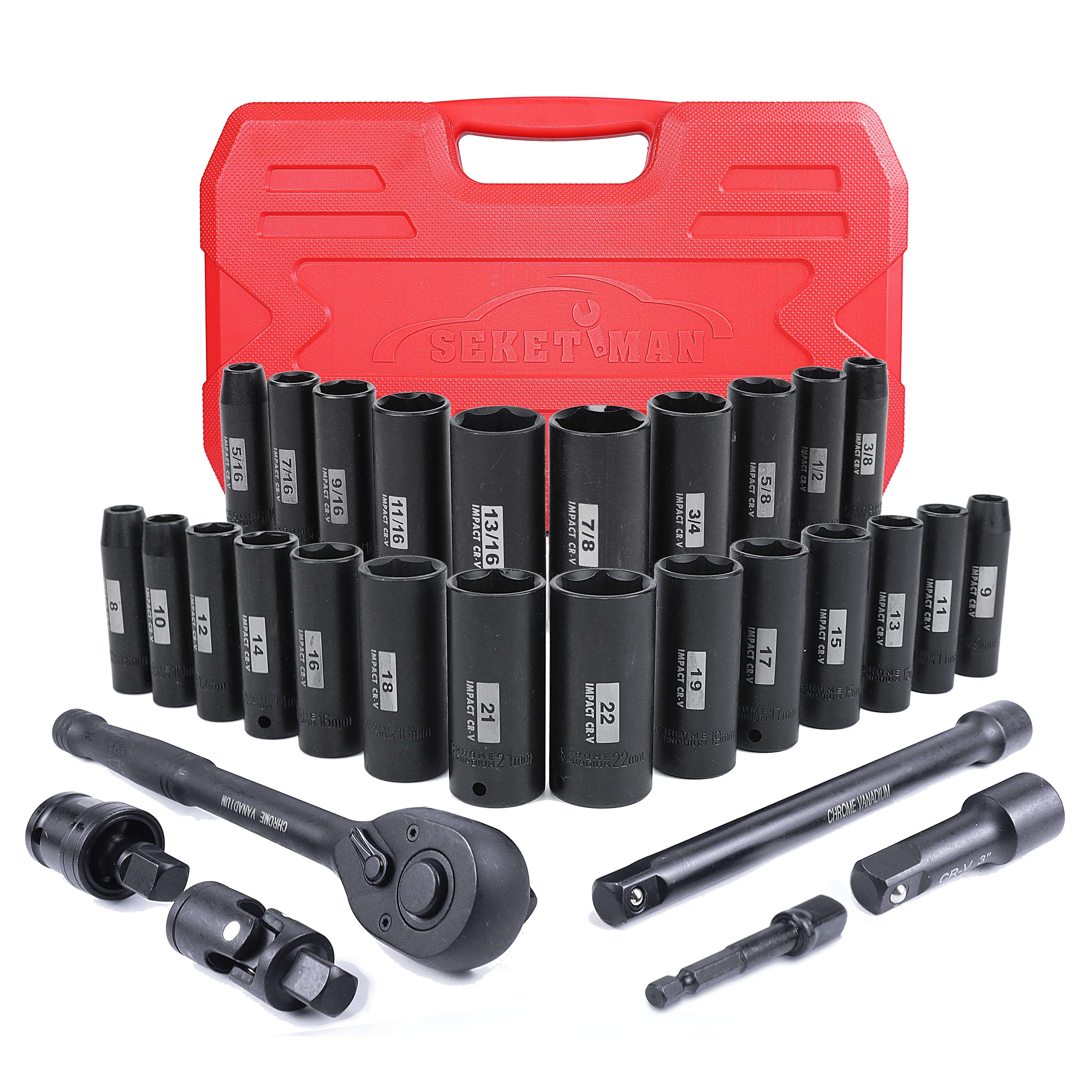 

30pcs 3/8 Inch Impact Socket Set, Deep Socket Set, Metric/sae, (5/16"-7/8", 8mm-22mm), Cr-, Includes Extension Bar, Universal Joint Ratchet Handle And Socket Adapter