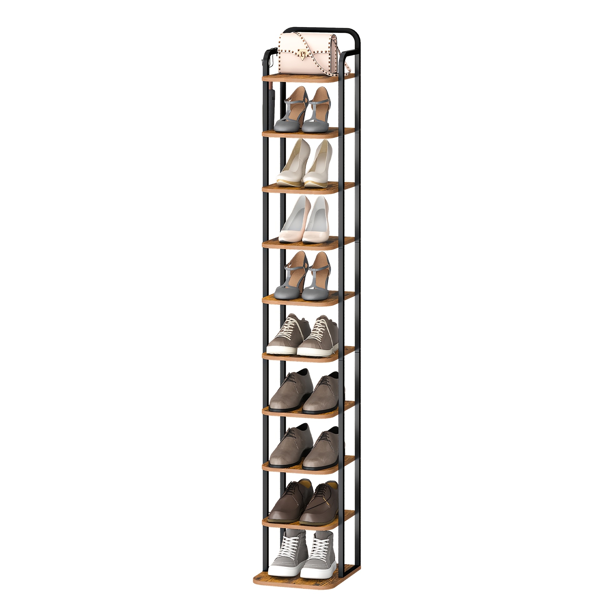 10-tier Vertical Shoe Organizer, Compact Shoe Tower For Areas, , Adjustable, Space-efficient, In Brown And Black