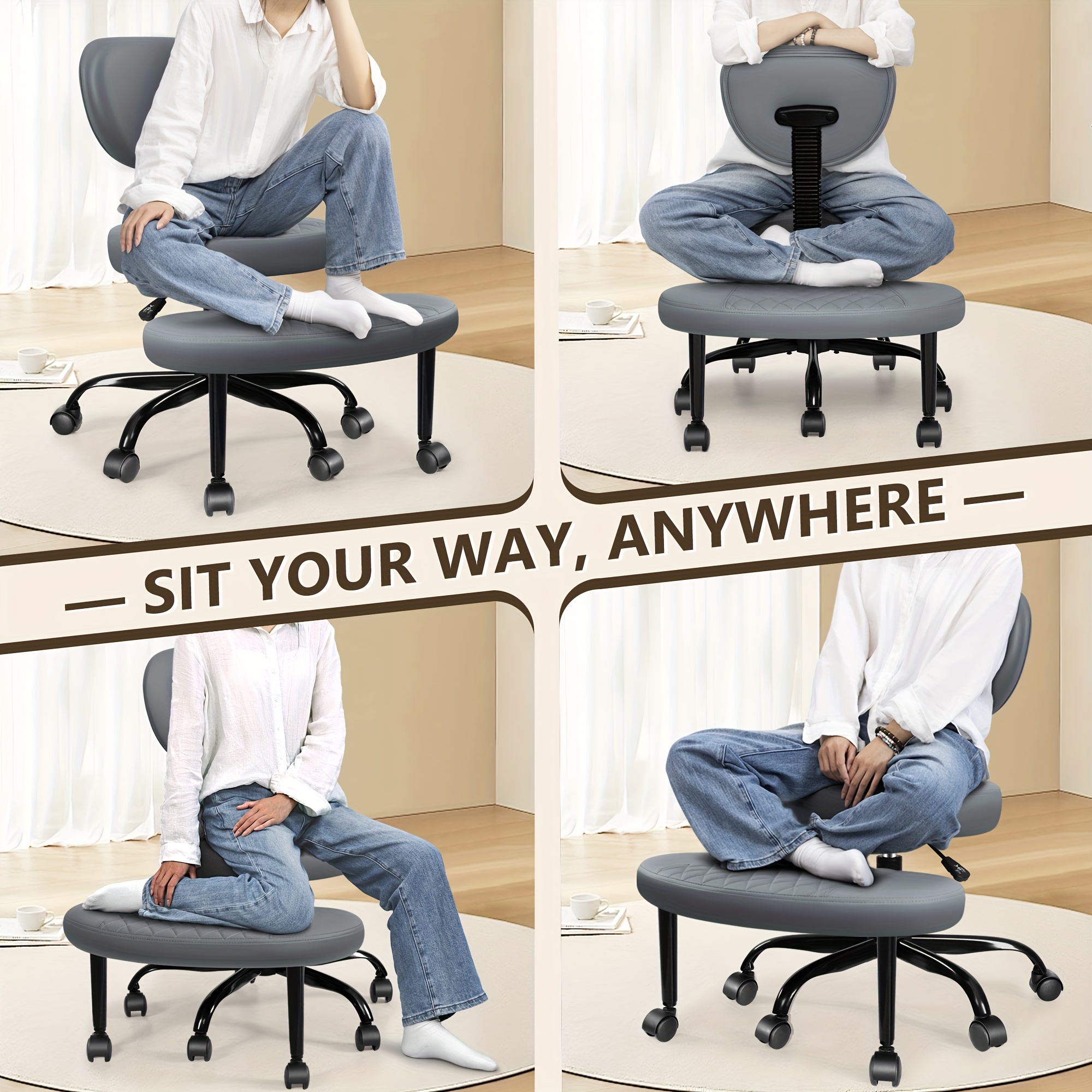 1pc Adjustable Height Kneeling Chair with Ergonomic Posture Memory Foam  Cushion Manual Height Adjustment, 4-Wheel Base, Sturdy Frame for Floor Sta