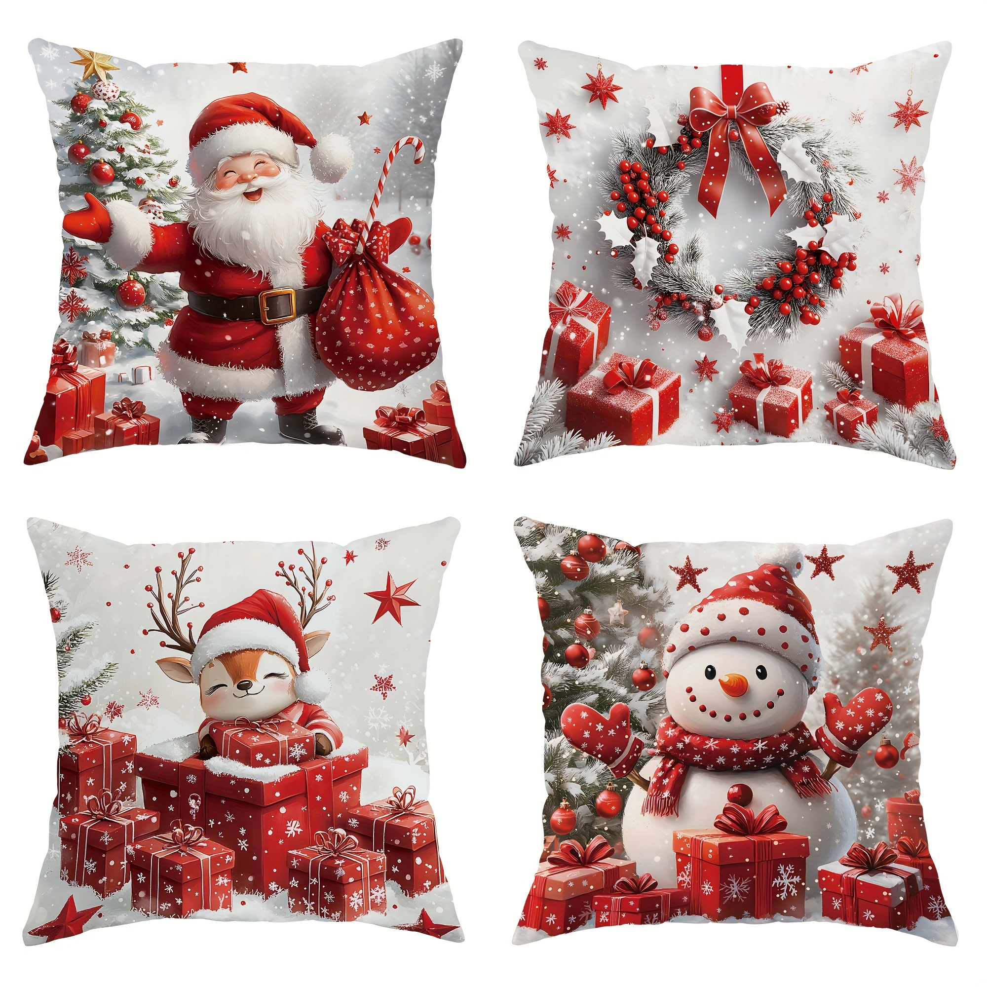 

4pcs Set Christmas Velvet Throw Pillow Covers - Santa, Snowman & Reindeer Designs | Soft & Cozy Decorative Cushion Cases For Living Room & Bedroom | Zip Closure, Machine Washable Holiday Decorations