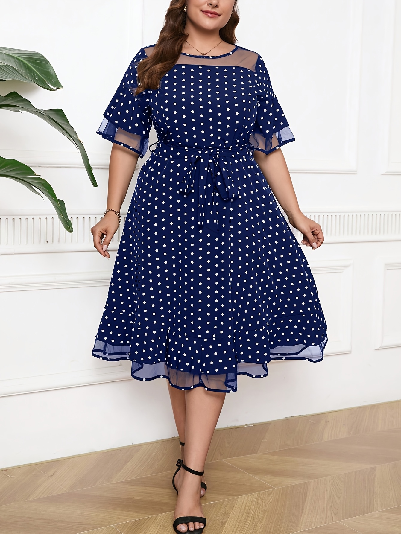 blue and white polka dot dress plus size Barefoot Mini Dress Soft Linen Blue Polka Dot 4X / Blue Polka Dot