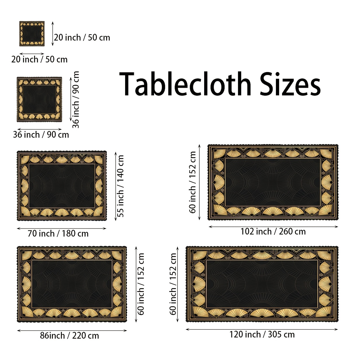 TEMU Nappe | Motif Éventail Géométrique Art Déco Noir et Doré | Style Vintage Années Folles | Maison Salle à Manger Fête Mariage | Événements sur le