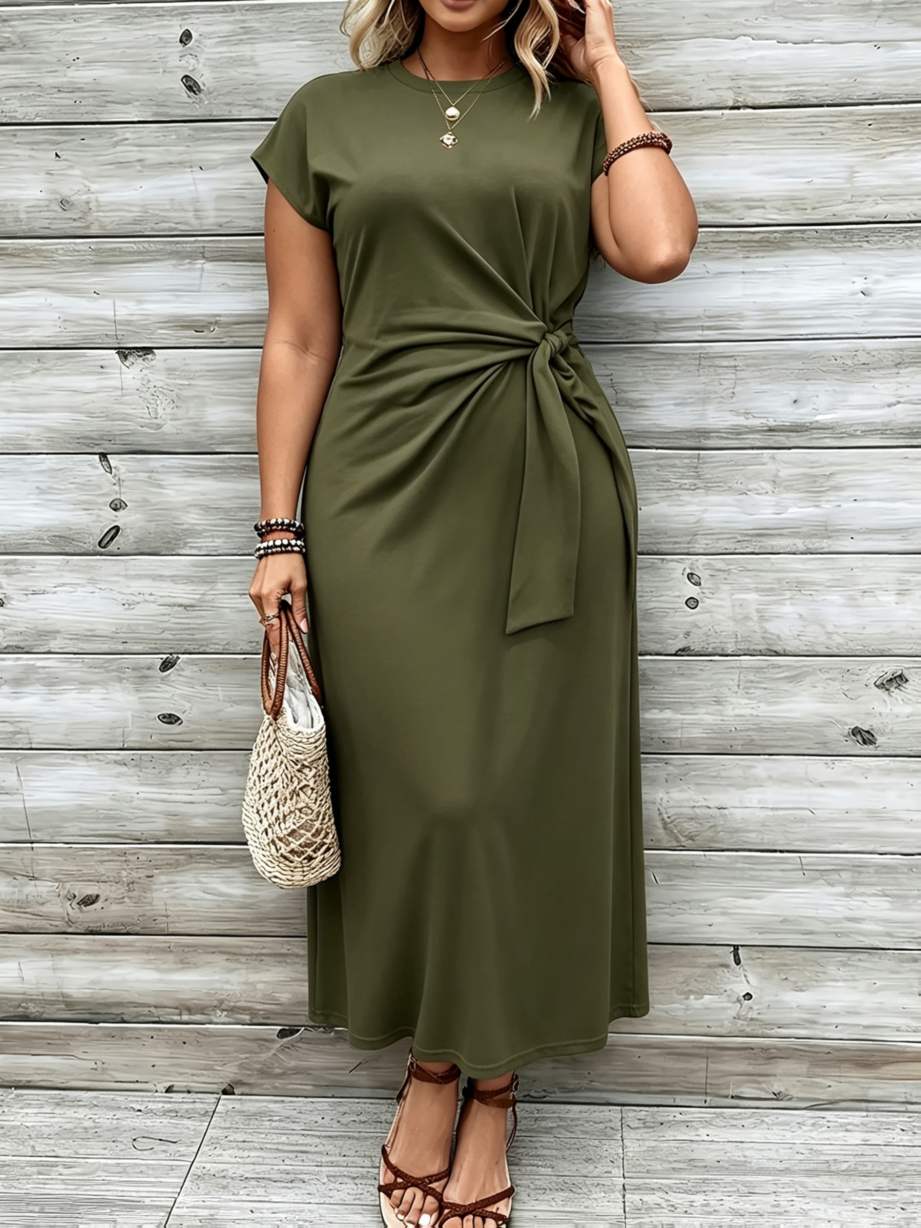 plus size solid   shoulder sleeve belted plus size dress elegant vacation womens clothing for spring and summer