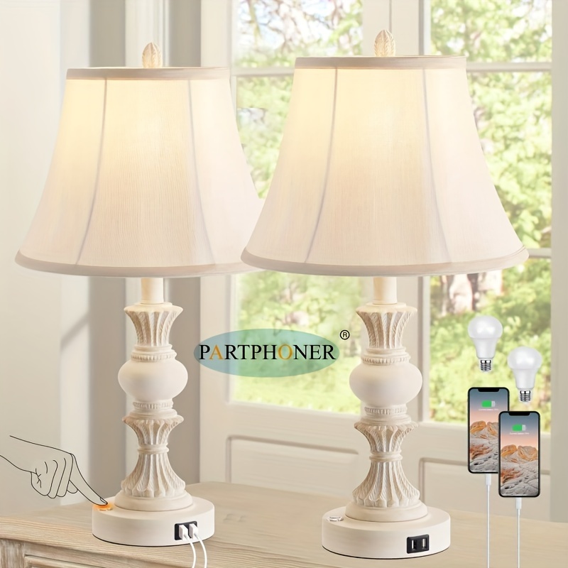 

Table Lamp Set Of 2, 3-way Dimmable Bedside Lamp With 2 Usb Charging , French Country Style Nightstand Lamps With Faux Silk Shade For Living Room, Bedroom - Antique White