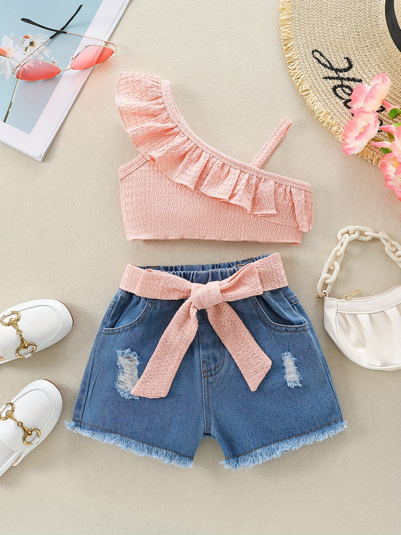 2pcs Baby Girl Pink Textured Cold Shoulder Short-sleeve Top and Ripped Denim Skirt Set