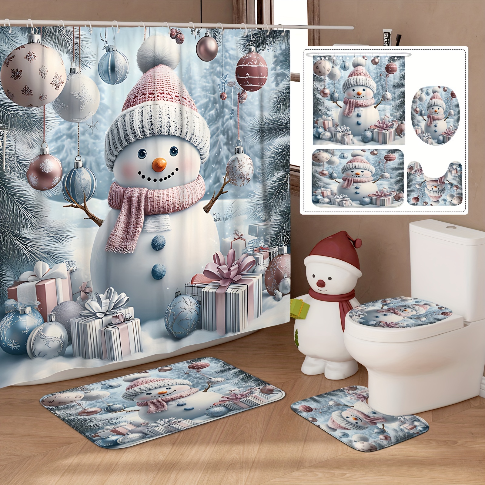 

Christmas Snowman Shower Curtain Set With Non-slip Bath Mat, U-shape Toilet Lid Cover, And Rug – -resistant Bathroom Decor Set With Machine Washable Polyester Curtain, 12 Hooks Included