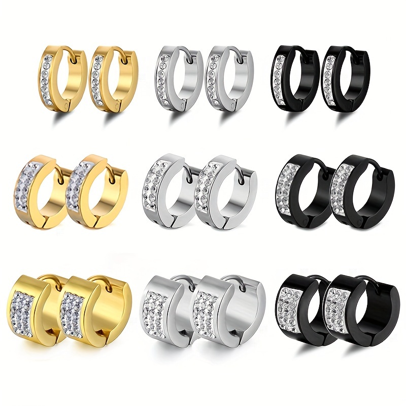 

9pairs Stainless Steel Hoop Earrings Set, Trendy Fashion Men's Ear Buckles With Rhinestones