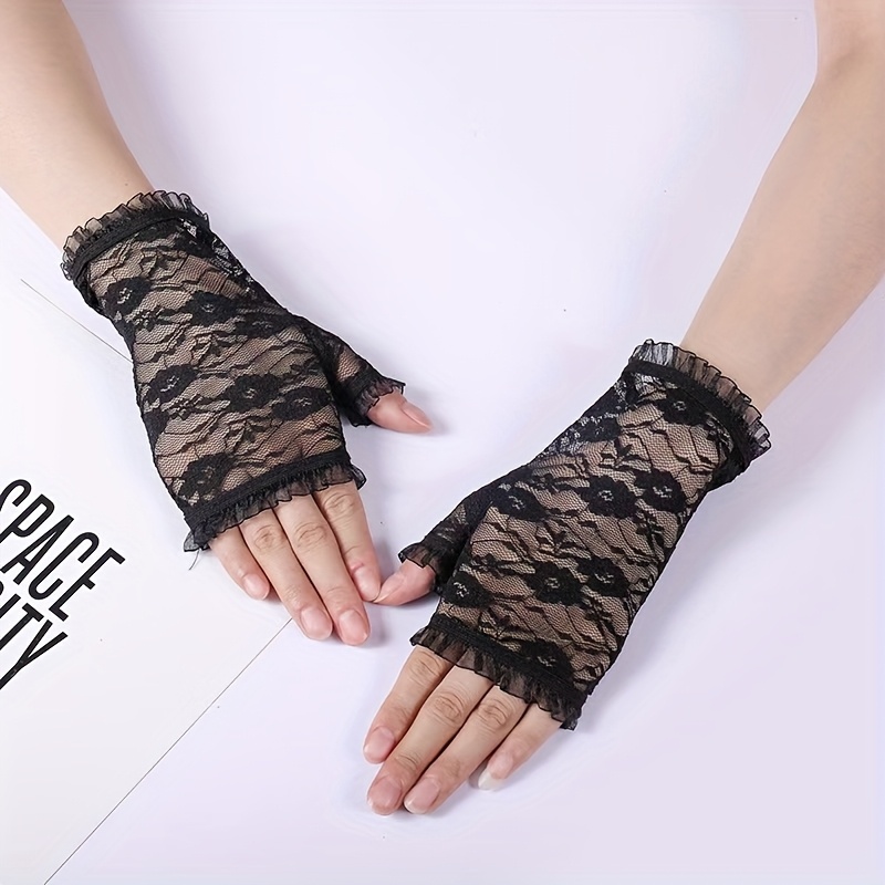 TEMU Guantes de encaje delicado para mujer con diseño de medio dedo, con una elegante malla hueca y un corte vintage