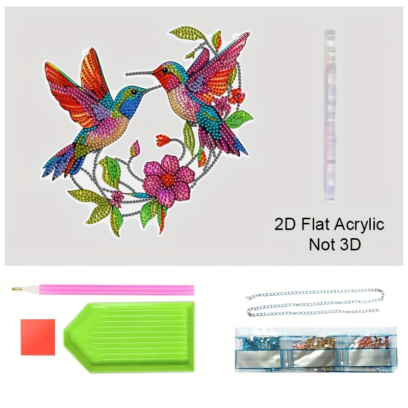 Image of 2d Flat Diamond Painting Kit, Hummingbird And Flower Hanging, Acrylic Mosaic Handicraft, Irregular Shape Catcher, Suitable For Beginners And Adults, Perfect Gift For