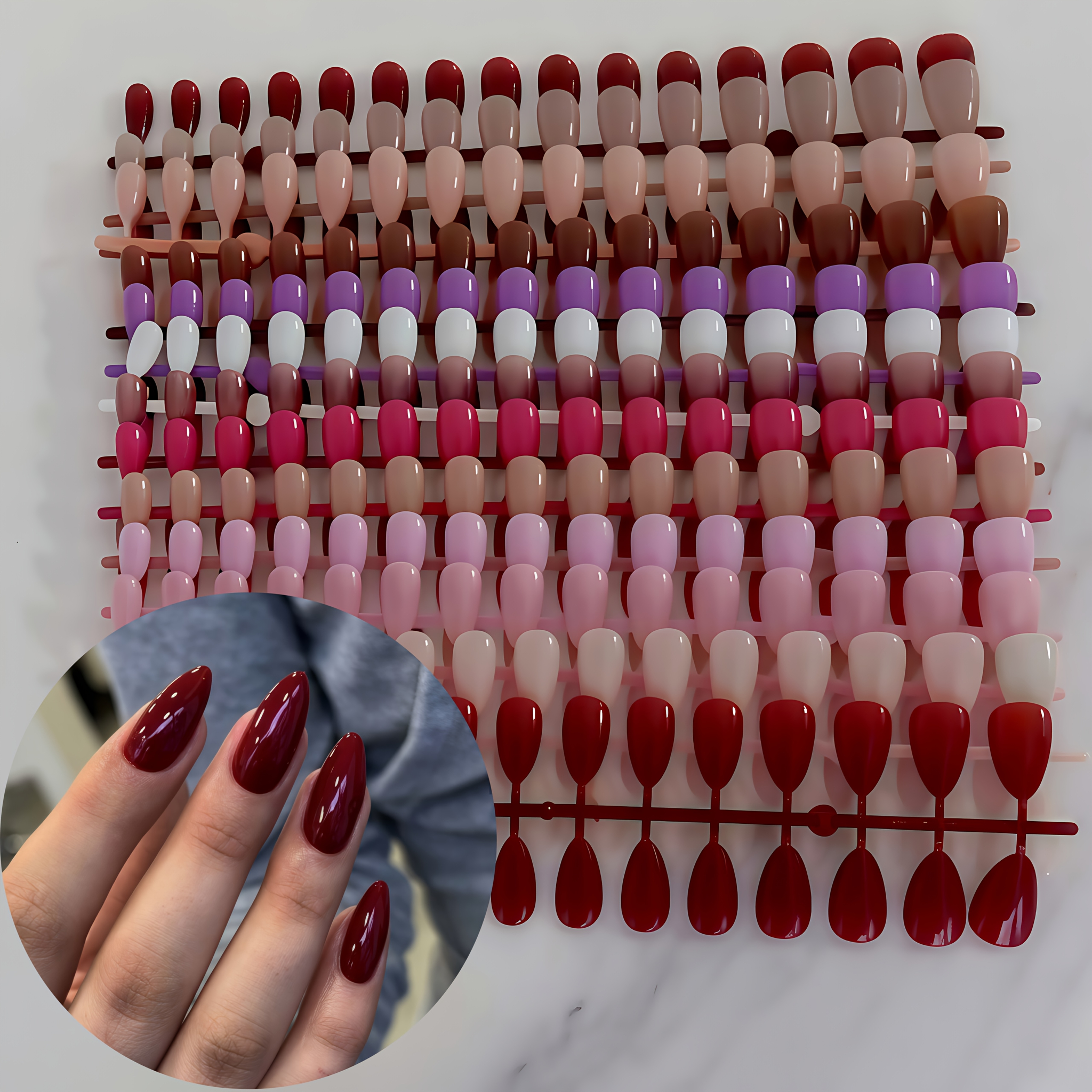 TEMU 150 stuks korte amandelvormige glanzende druk-op nagels in 5 willekeurige kleuren, dezelfde stijl maar verschillende kleuren. Meerdere prachtige