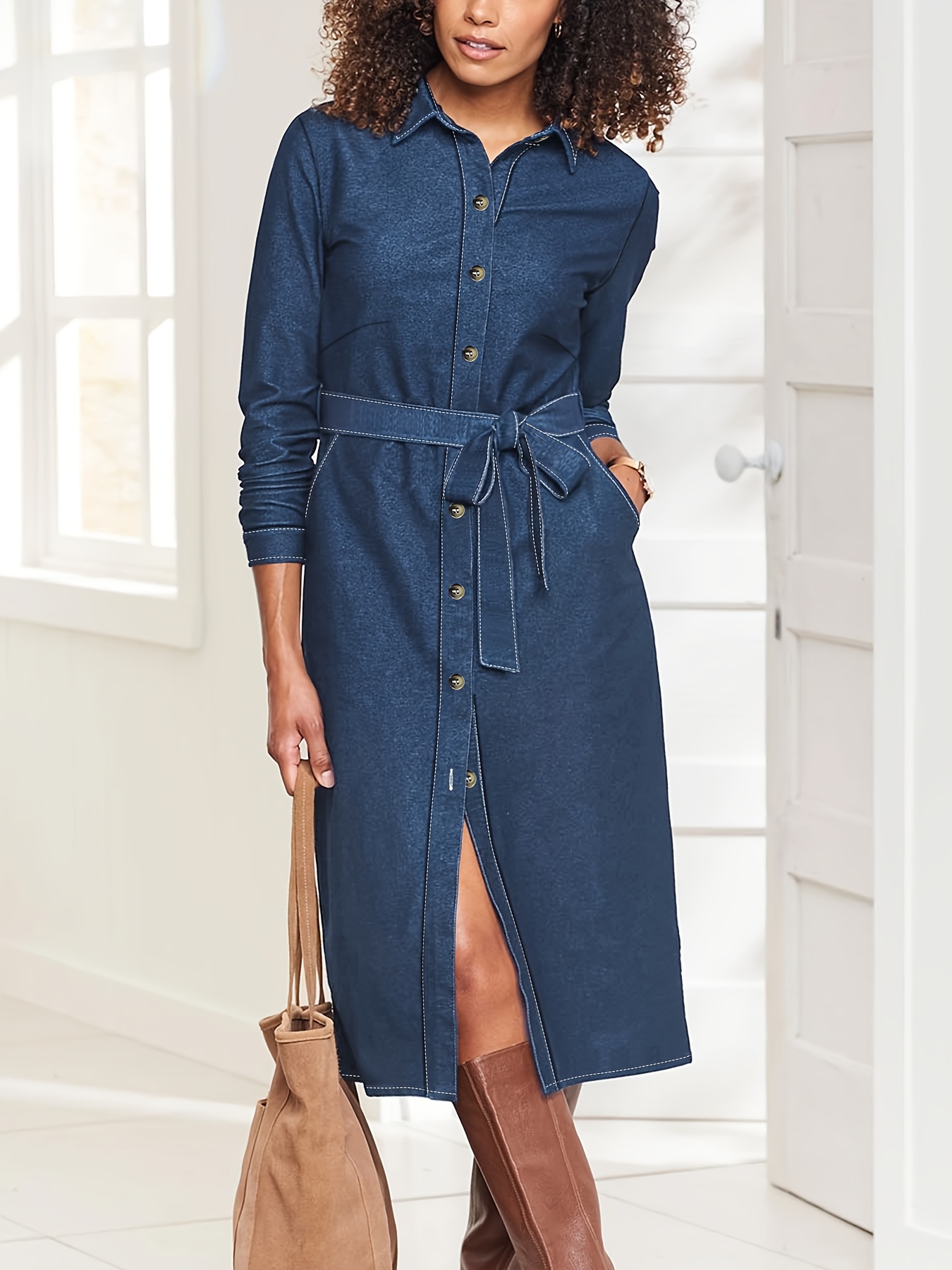 plus size womens elegant denim midi dress belt long sleeve Temu