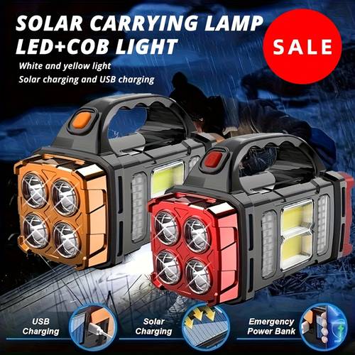 solar usb rechargeable led lantern flashlight 1800mah nickel battery cob work light 4 emergency power bank function portable for camping waterproof 1 2pcs