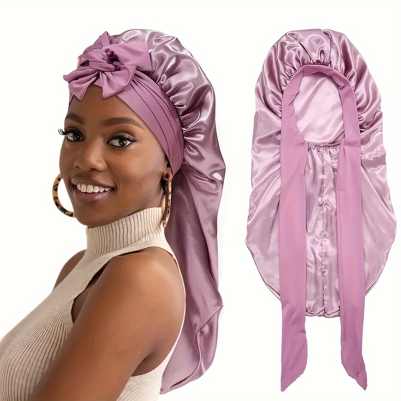 

Luxurious Purple Satin Bow Braid Bonnet - Elastic, Breathable For Women - Jumbo Size For Comfortable Sleep, Hair, One-size-fits-all, Comfortable Headwear | Elegant | Elastic Bonnet