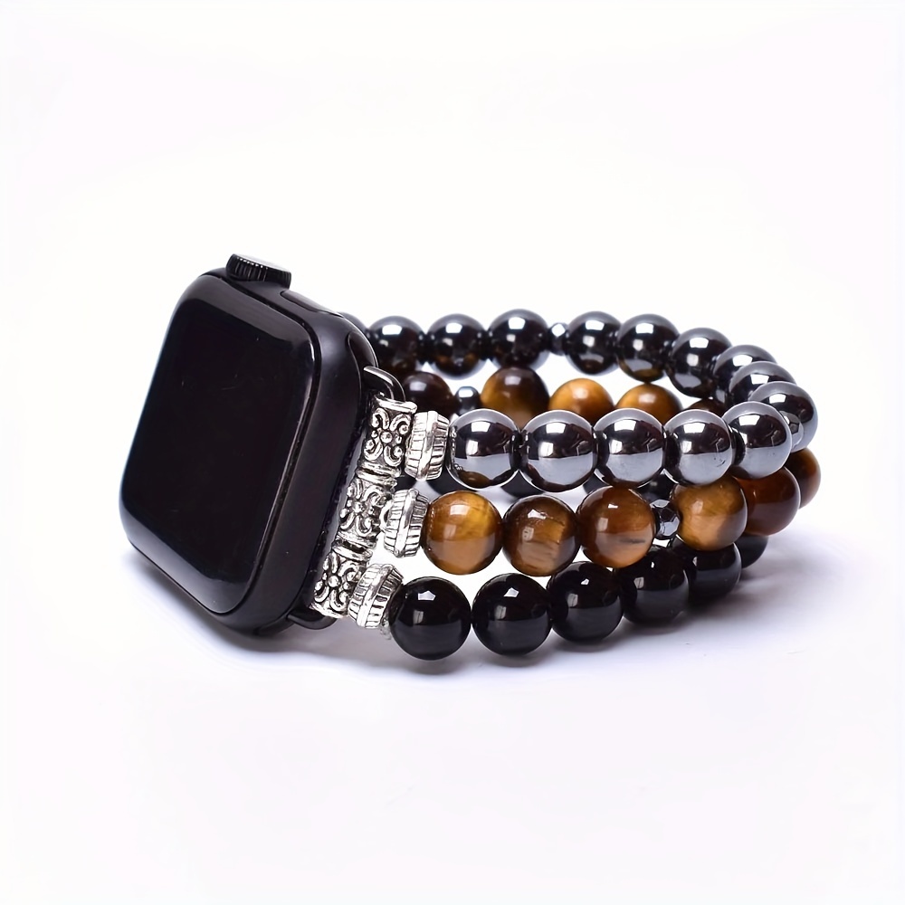 

Hematite Tiger Eye & Black Agate Beaded Bracelet - Compatible With Apple Watch -9 & Se, Elegant Handmade Strap With Crystal Accents, Fashionable Women's Band, Apple Watch Luxury Strap