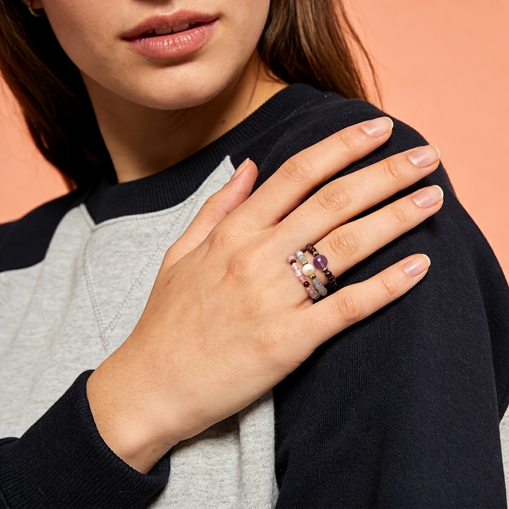 3pcs Natural Rose Quartz Stackable Ring Set, Exquisite Gift