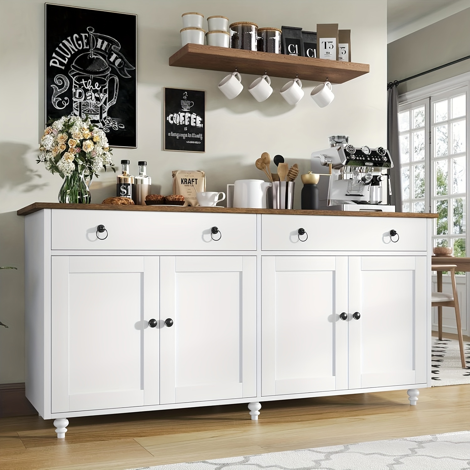 55" Mid-Century Sideboard - 4-Door Buffet & Coffee Bar Cabinet
