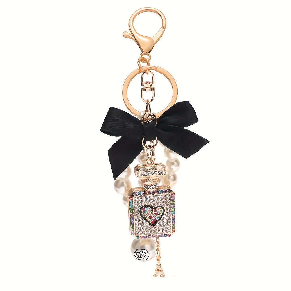 Fashion -encrusted Women' Charm Keychain With Bow And Heart Bottle Key Pendant, Trendy Key Bag Accessory