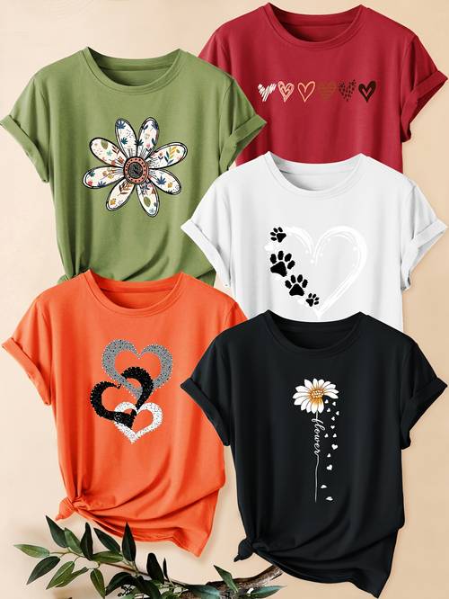 5pcs womens retro graphic print t shirts floral heart designs round neck casual tees for gym training casual attire machine washable spring summer fall seasonal fashion vintage style shirts nontransparent fabric