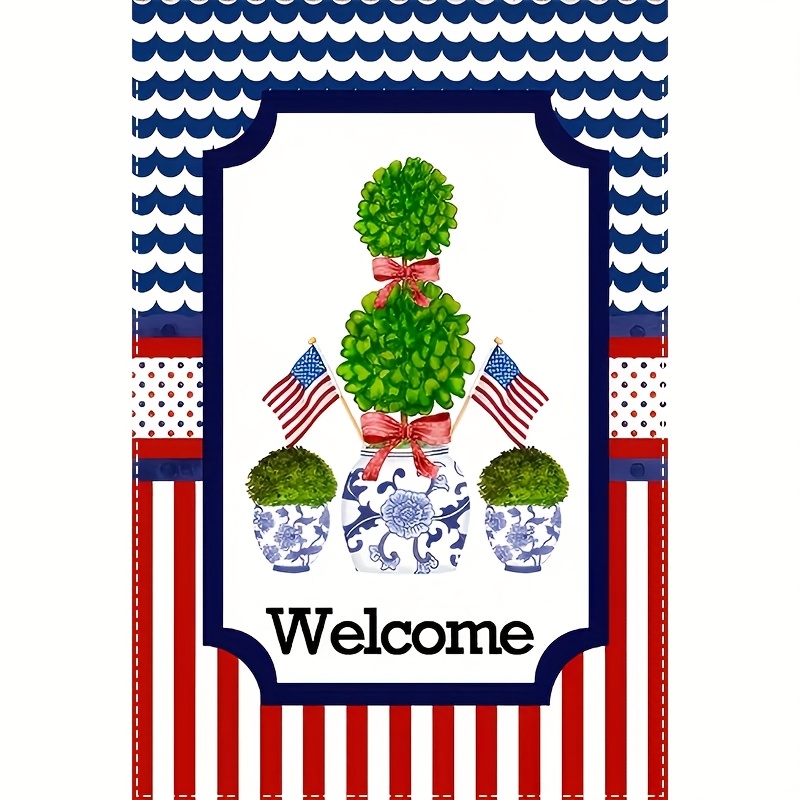 TEMU 2d Flat, 2d Flat Garden Banner For 4th - Double-sided Printing, Blue And White Porcelain Flowerpot Design With American Flag, Suitable For