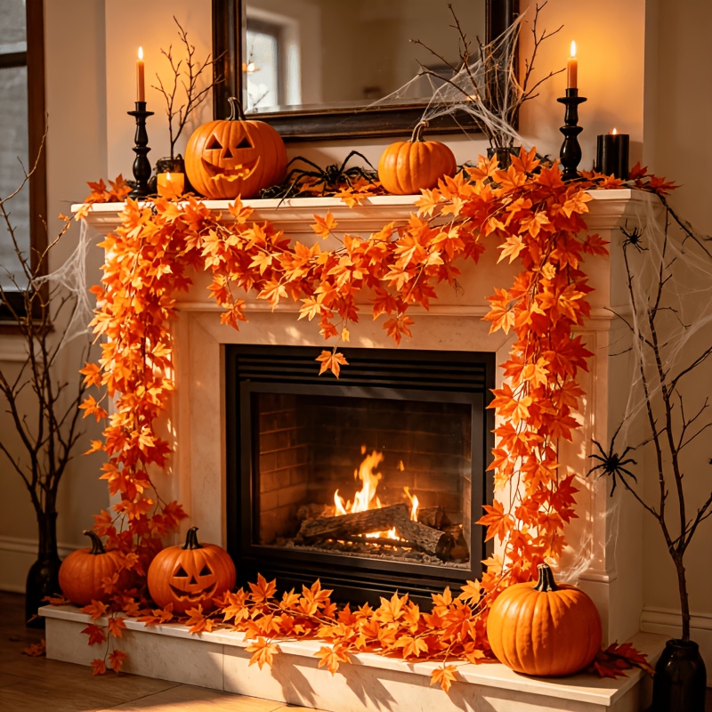 TEMU 7pcs Set, Total Length 634.3 Inches, Artificial Maple Leaf Red Orange Yellow Gradient, Vine Autumn Hanging Vines, Thanksgiving Halloween Home