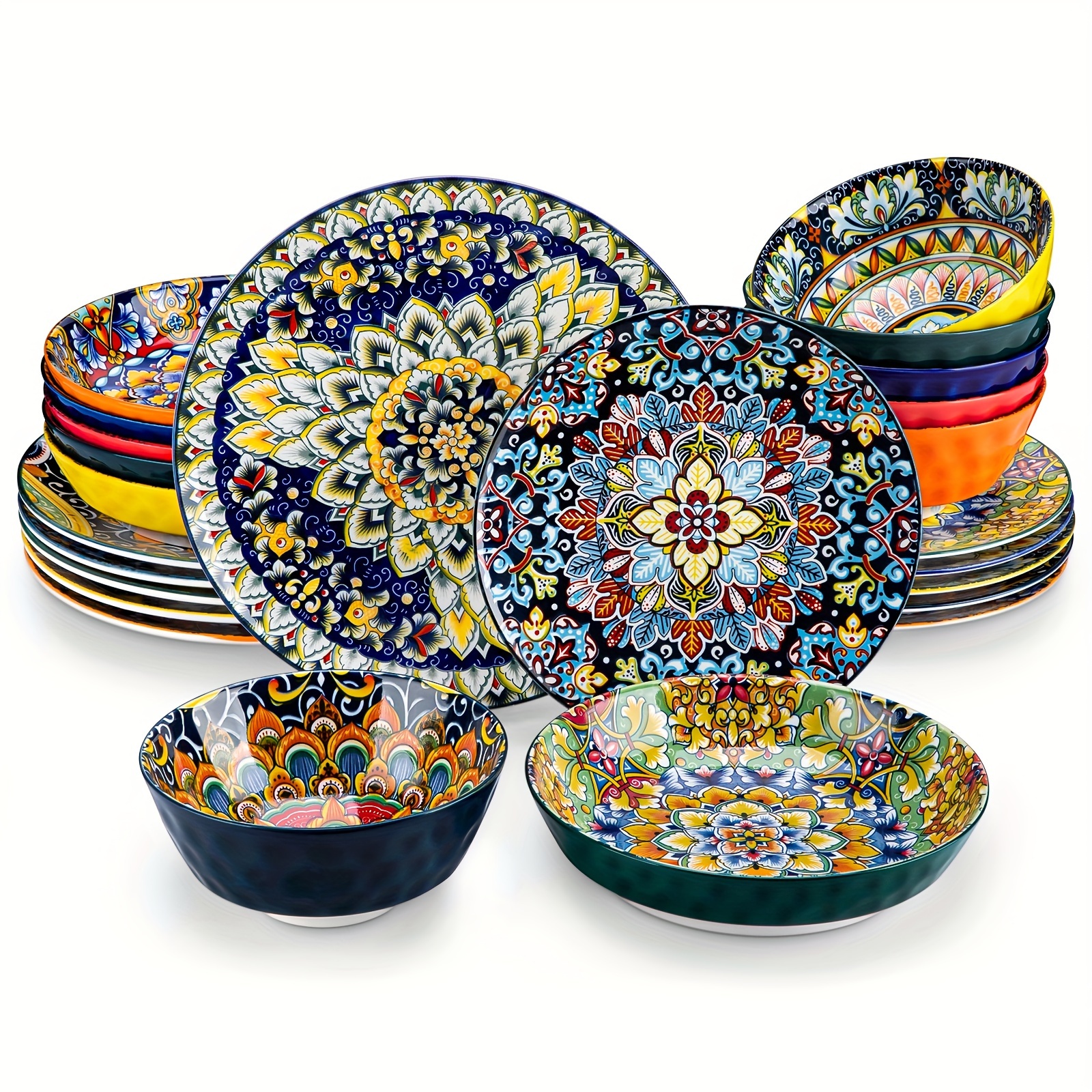 

24 Piece Dinnerware Set Stoneware Cereal Bowls Tableware Bohemian Style