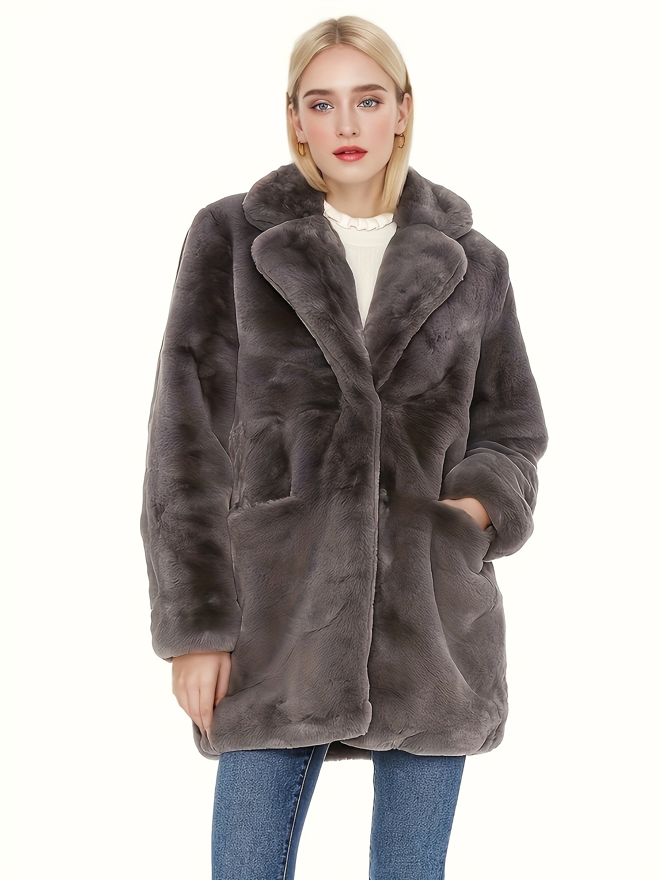 Abrigo Elegante de Piel Sintética Rex para Mujer Color y Media con  Botones, Bolsillos, Solo Limpieza Ropa Casual