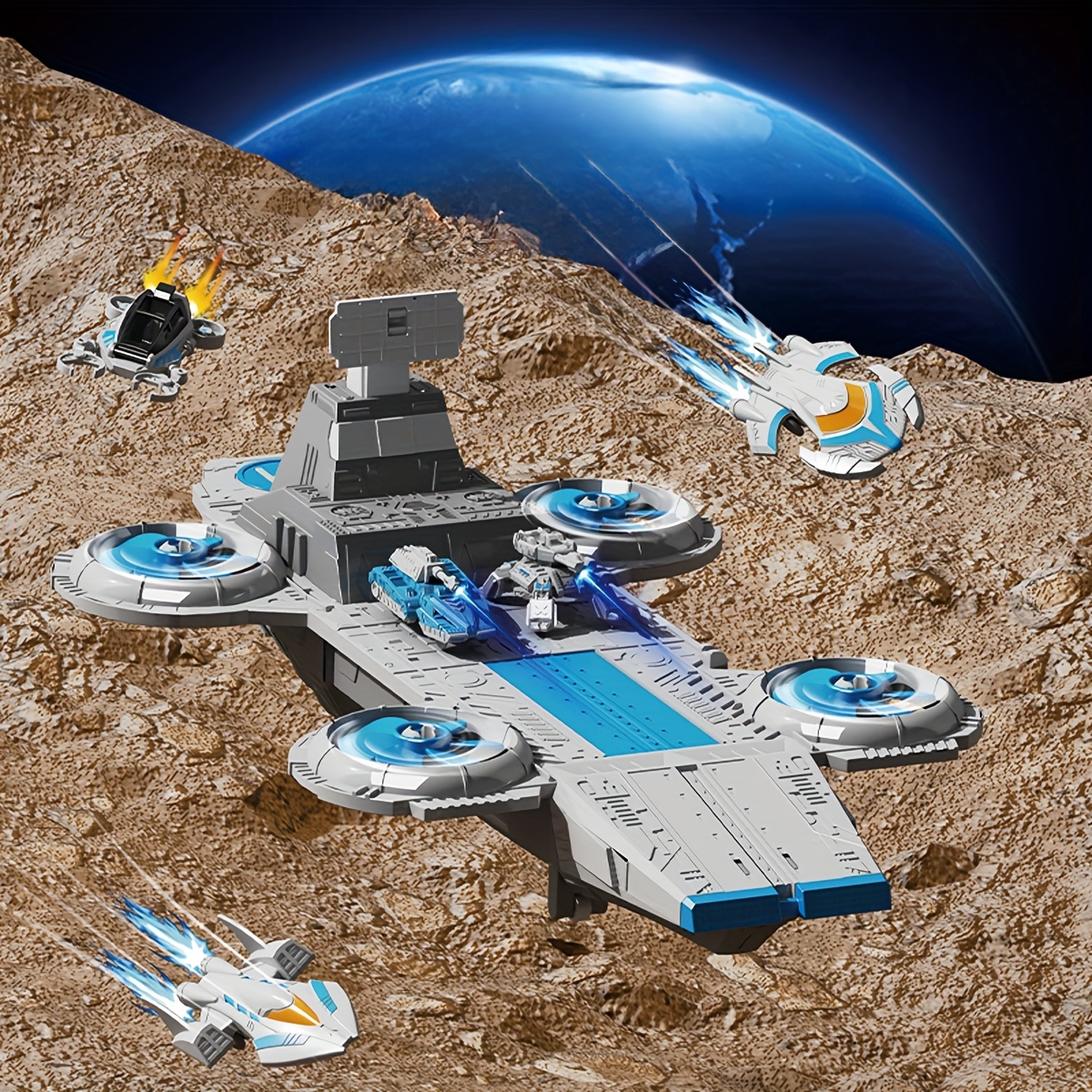 Large Kids' Space Battleship Toy Set with 5 Mini Spaceships