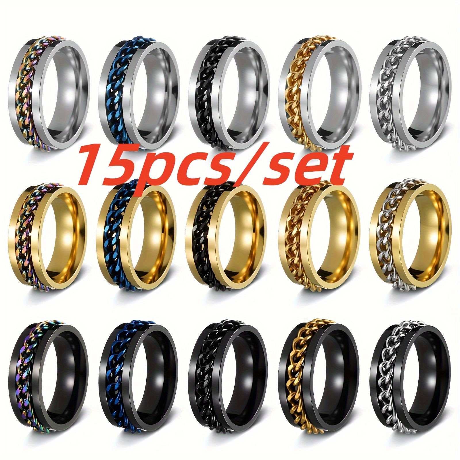 TEMU 15pcs Men's 304 Stainless Steel Rotating Chain Ring - Rotating Stress-release Ring, Bottle/beer/beer Opener, Durable Chain Loop For Casual