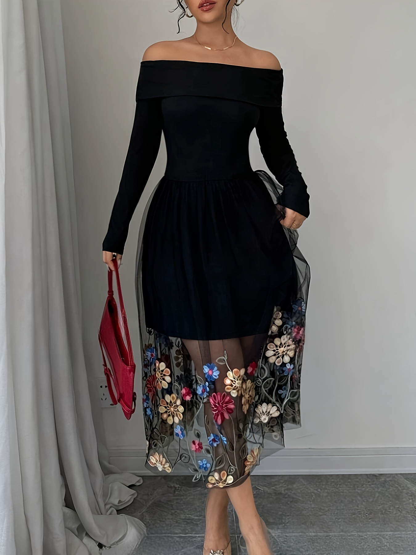 womens shoulder floral embroidery mesh summer - Temu