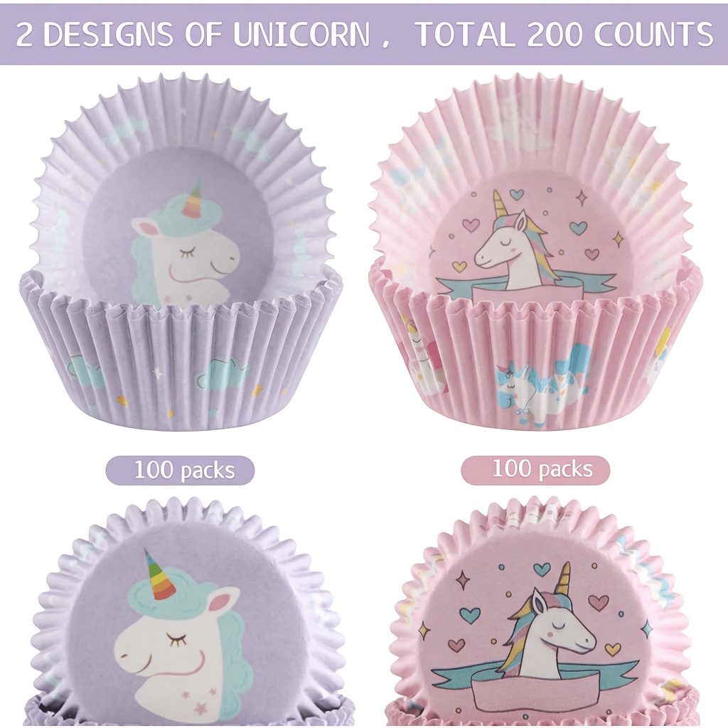TEMU 200pcs Unicorn Cupcake Liners, Purple Cute Designs Heat Resistant Muffin Wrappers For Girls Birthday Party Baking Decor