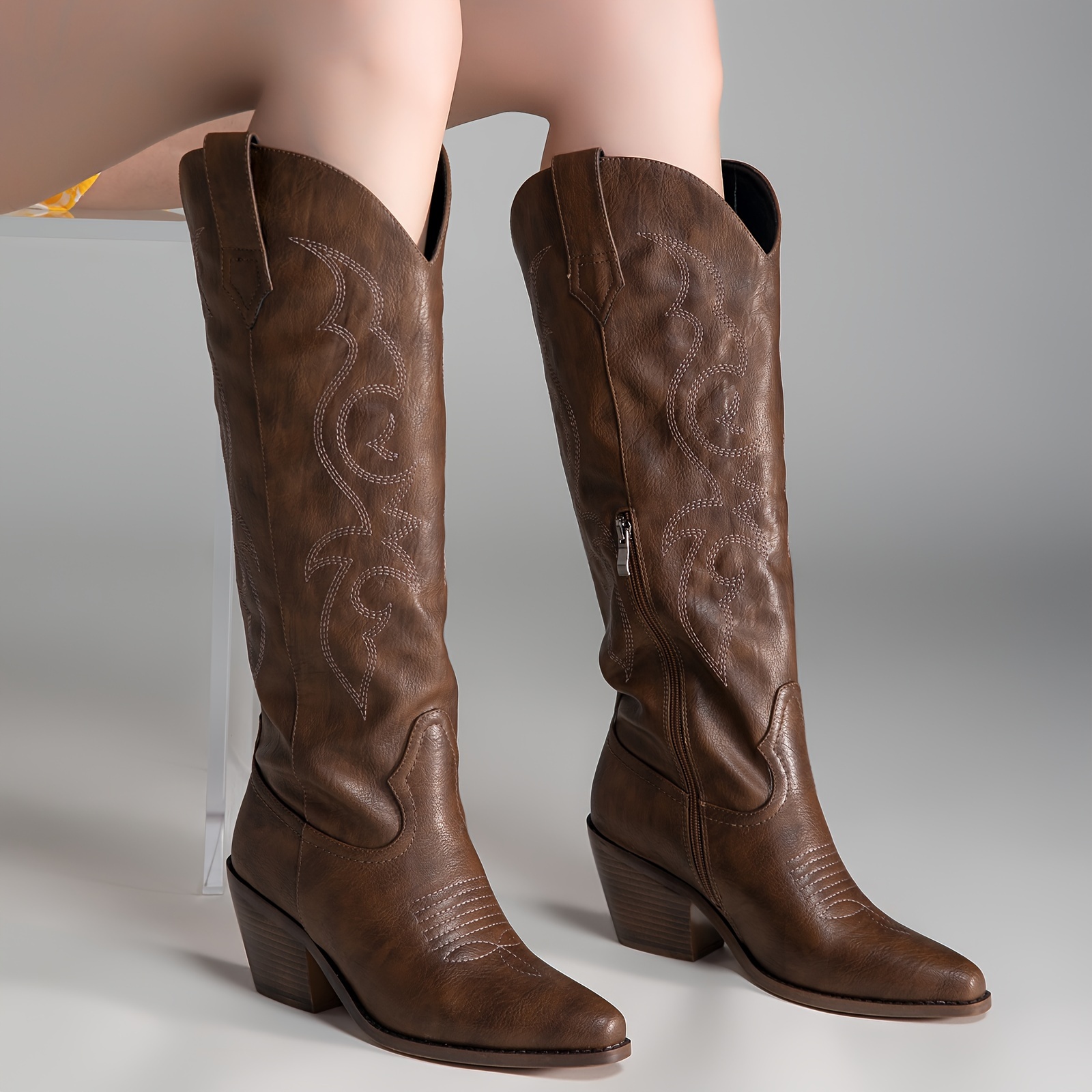 

Cowboy Boots For Women - Wide Calf Boots, Women Knee High Western Boots, Glitter Sparkly Ladies Tall Boots With Classic Embroidery And Side Zipper, Retro Classic Pull On For Ladies