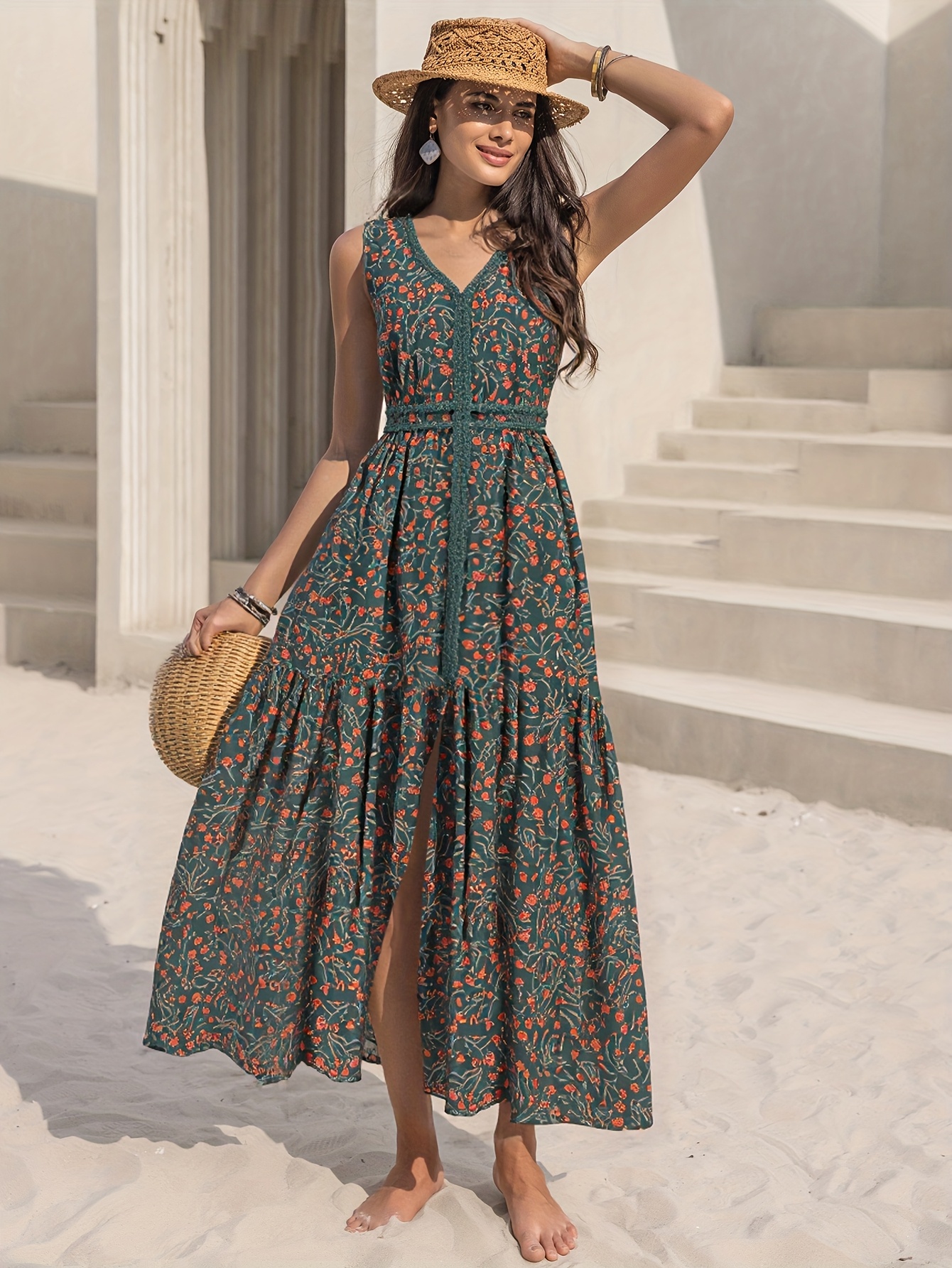 elegant v neck lace   off the shoulder long dress with floral pattern