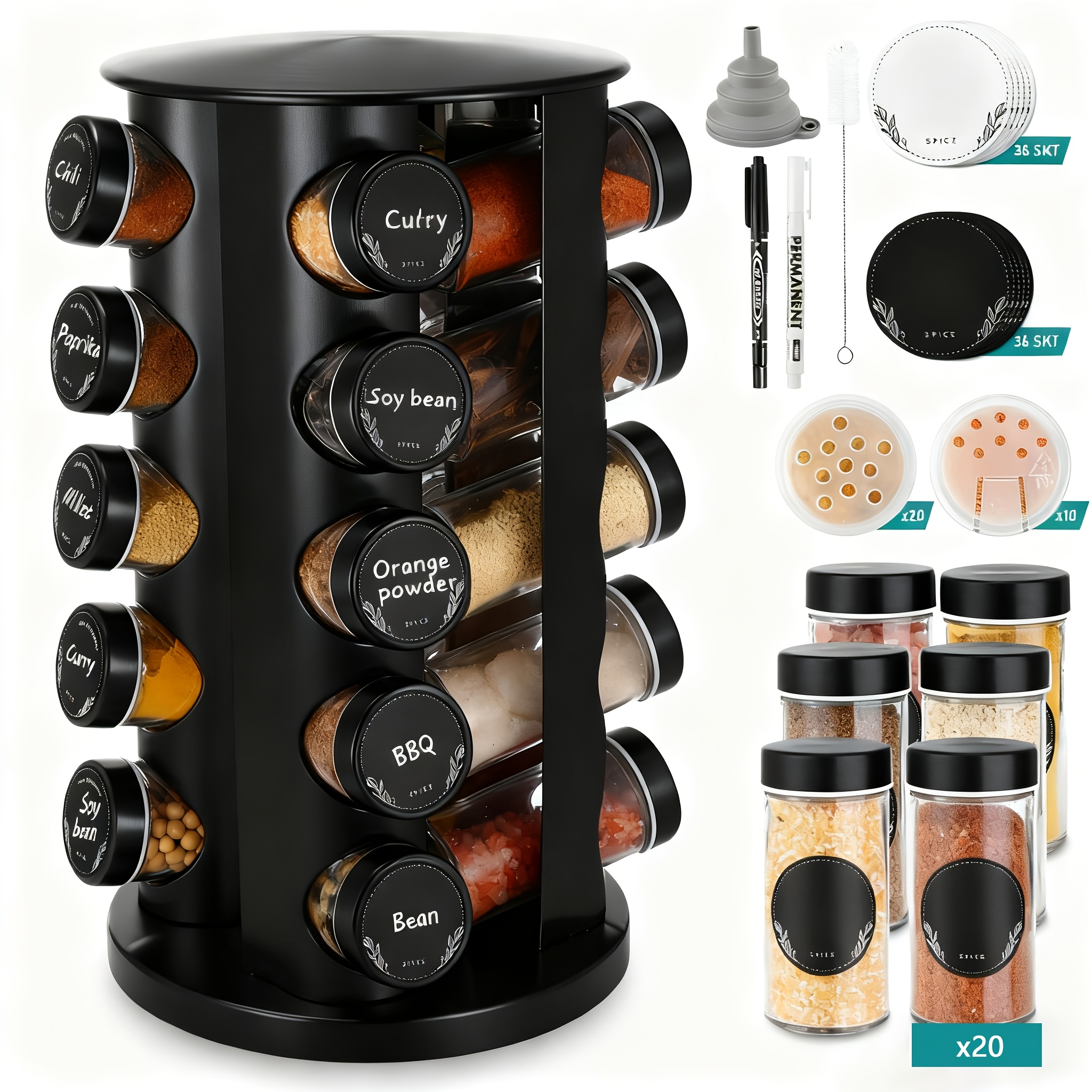 TEMU Spice Rack, Spice Rotating Rack, Including 20 Round Spice Jars, 360-degree Rotating Stainless Steel Spice Storage Rack, Vertical Spice Rack,